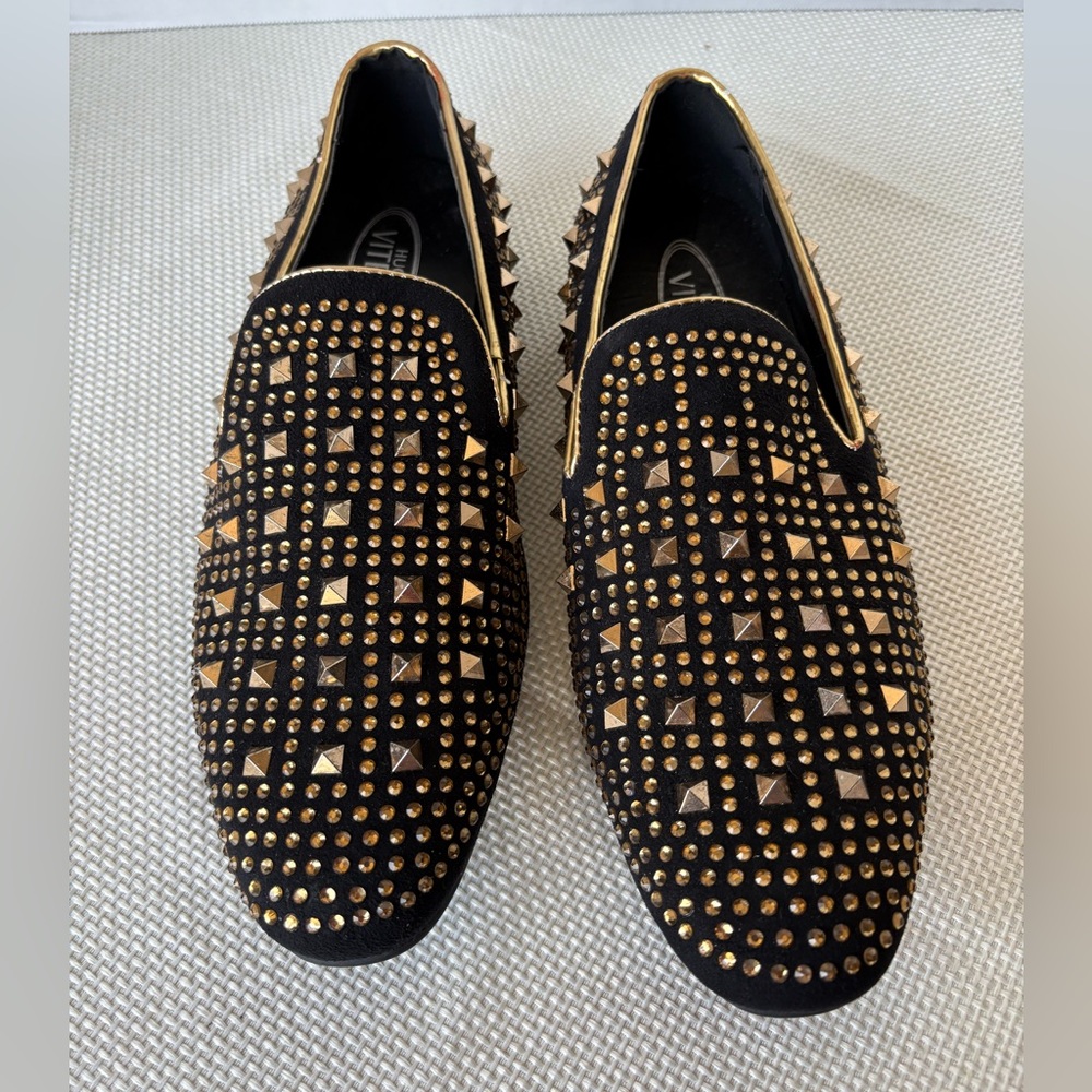 Hugo Vitelli Men’s Size 9.5 Slip On Akron Studs Spikes Black Gold Dress